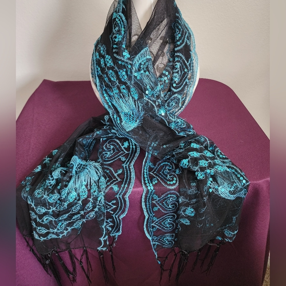 Black & Teal Sequin Scarf With Peacock Pattern & Black Fringe Neck Scarf.